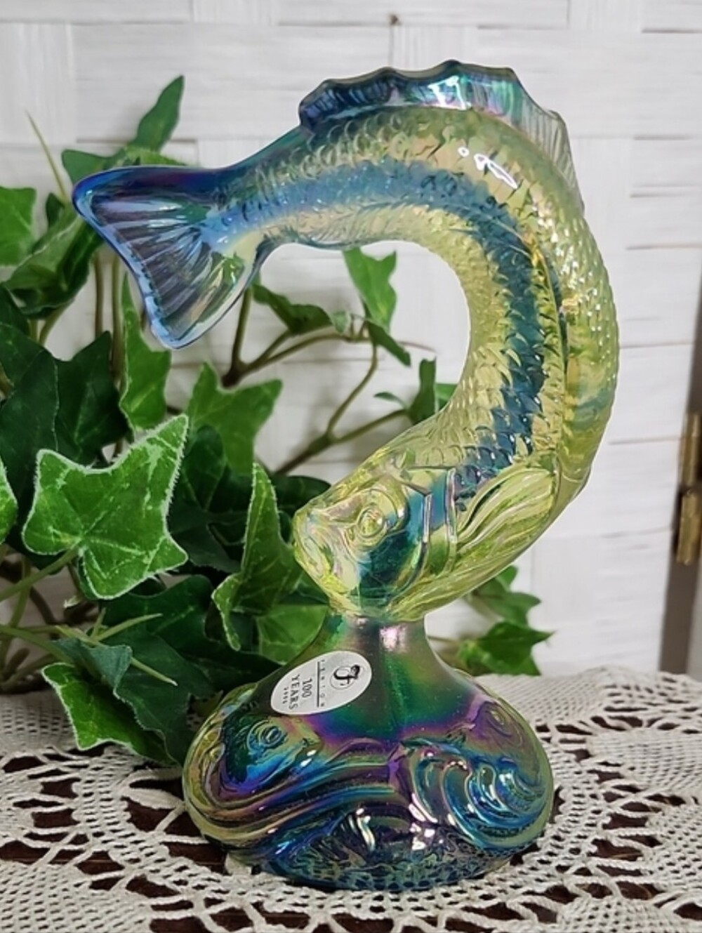 👉*RARE VTG* FENTON 100YR ANNIVERSARY URANIUM VASELINE COBALT GLASS JUMPING FISH